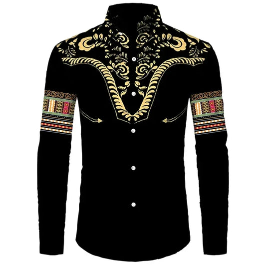 African Dashiki Collar Button Up Shirt Casual Long Sleeved Ethnic Style Street Shirt