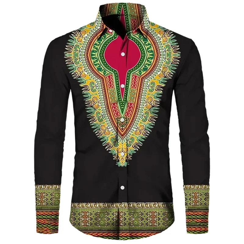 African Dashiki Collar Button Up Shirt Casual Long Sleeved Ethnic Style Street Shirt