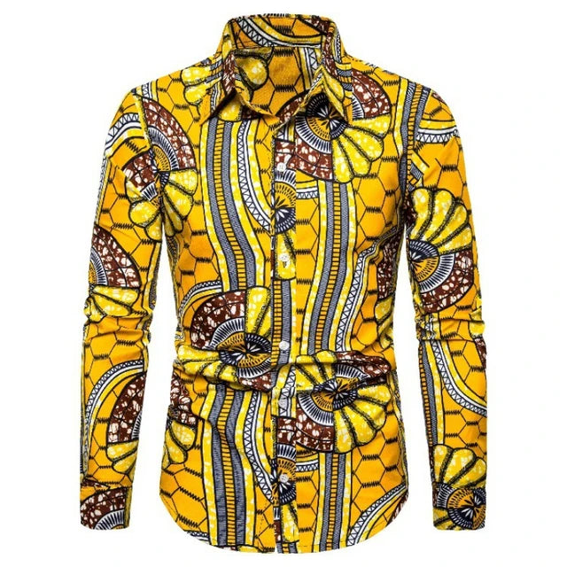 Button Up Kente Dashiki African Print Long Sleeve Traditional Ethnic Top