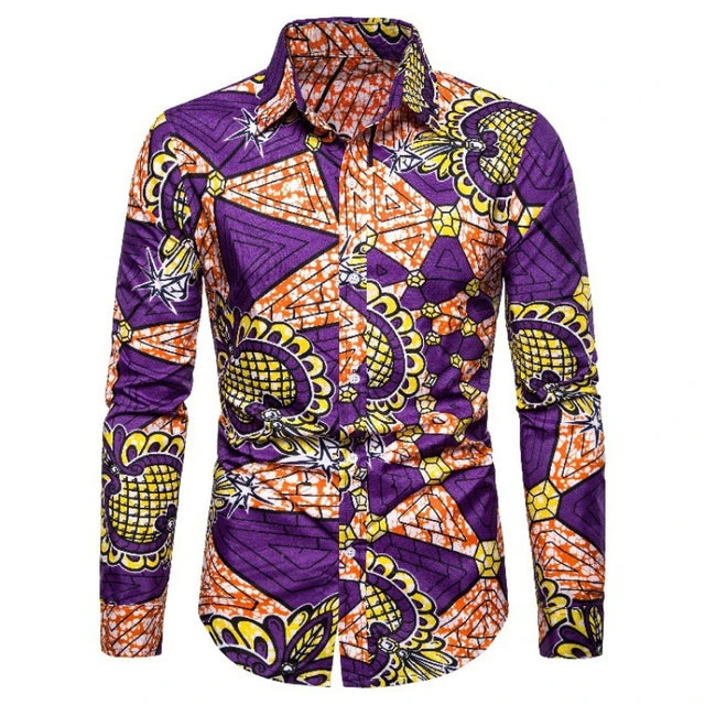 Button Up Kente Dashiki African Print Long Sleeve Traditional Ethnic Top