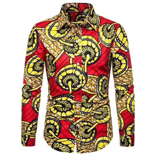 Button Up Kente Dashiki African Print Long Sleeve Traditional Ethnic Top