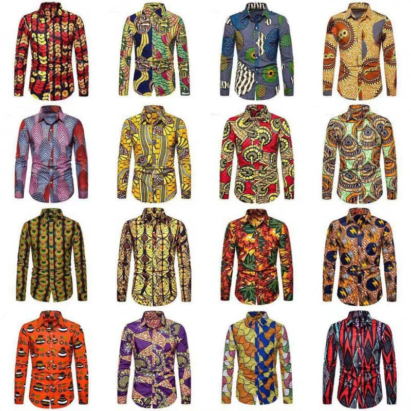 Button Up Kente Dashiki African Print Long Sleeve Traditional Ethnic Top