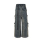 RO Style Gradient Ribbons Multi Pocket Drawstring Streetwear Baggy Denim Jeans