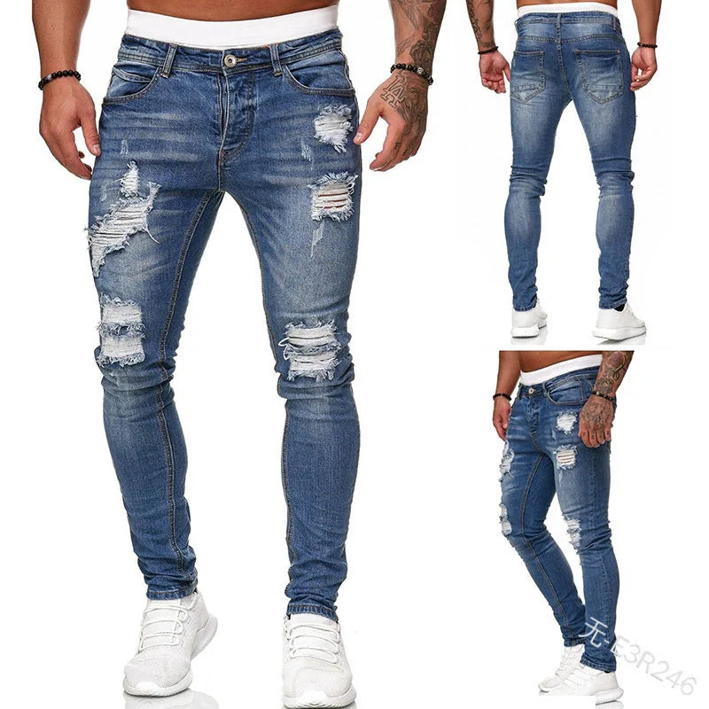 Ripped Mid Waist Slim Fit Wash Solid Punk Style Skinny Distressed Ankle Length Jeans