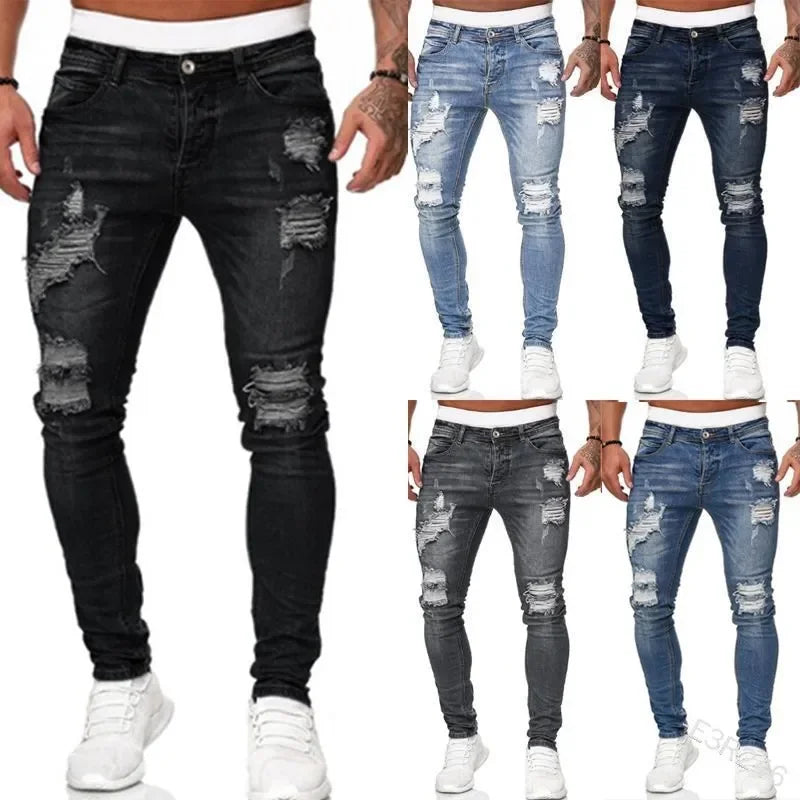 Ripped Skinny Casual Slim Fit Pencil Wash Solid Street Style Jeans