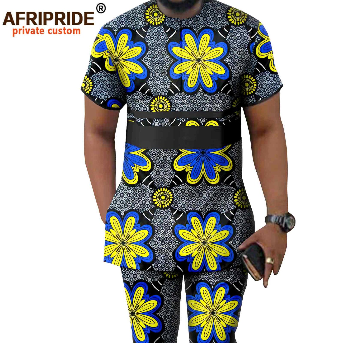African Men Clothing Ankara Pants Set Dashiki Shirt 2 Piece Outfits Crop Top Attire Short Sleeve Plus Size Casual A2116042