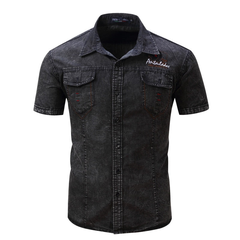 Men Elastic Cotton Denim Shirt Men Short Sleeve Cargo Shirts Work Business Shirts For Men Casual Blouse Streetwear Brand Clothes