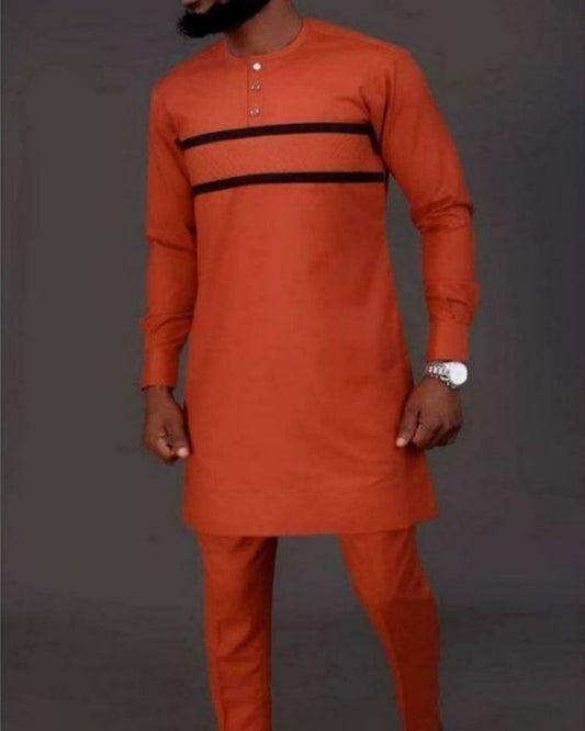 Muslim Dashiki T-shirt Men's Set Four Season Round Neck Stripe Yellow Noble Long Sleeve African National Casual Dress