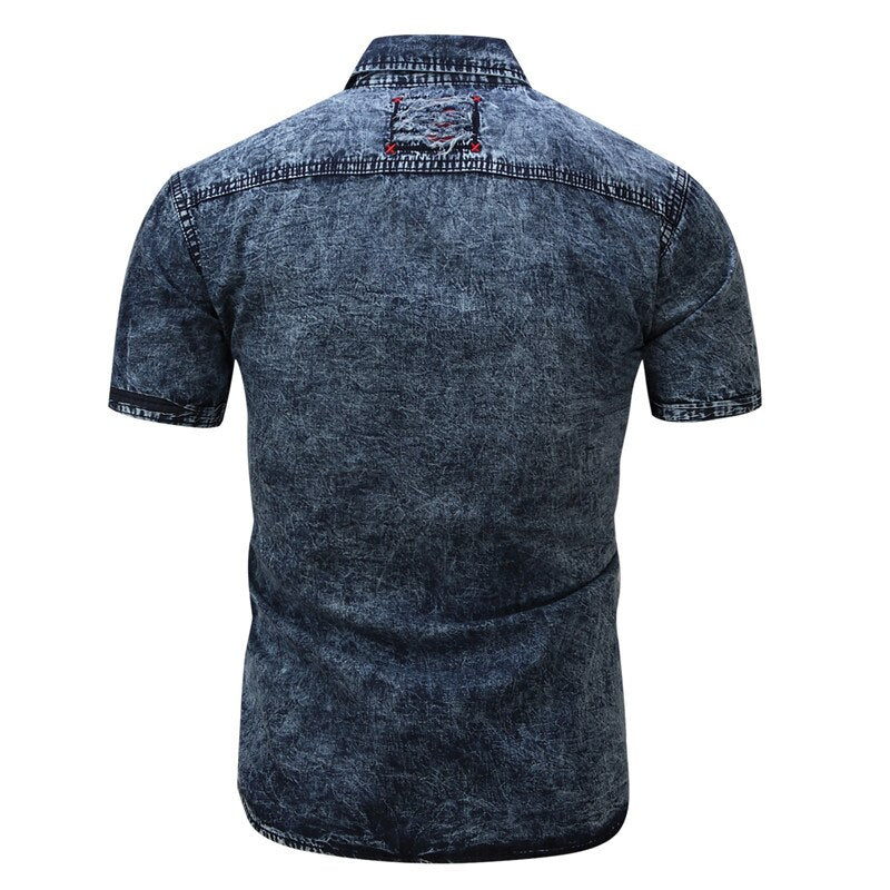 Men Elastic Cotton Denim Shirt Men Short Sleeve Cargo Shirts Work Business Shirts For Men Casual Blouse Streetwear Brand Clothes