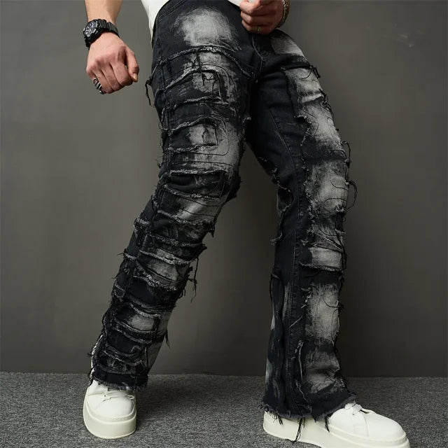 Streetwear Hip Hop Ripped Spliced Patch Straight Stylish Distressed Loose Biker Denim Pants