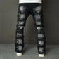 Streetwear Hip Hop Ripped Spliced Patch Straight Stylish Distressed Loose Biker Denim Pants