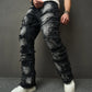 Streetwear Hip Hop Ripped Spliced Patch Straight Stylish Distressed Loose Biker Denim Pants