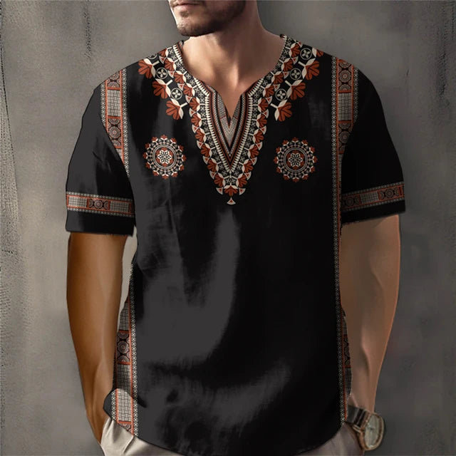 Trendy African Ethnic Loose Fit Short Sleeve V-Neck Designed Dashiki Daily Casual Top