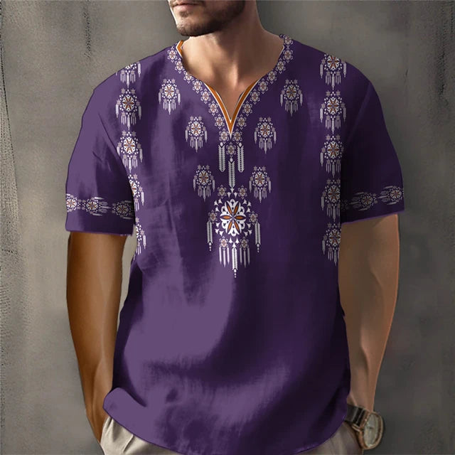 Trendy African Ethnic Loose Fit Short Sleeve V-Neck Designed Dashiki Daily Casual Top