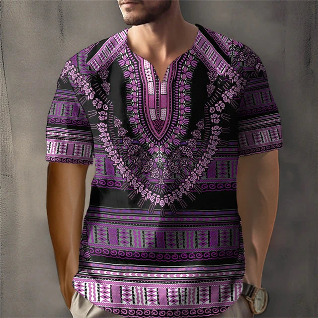 Trendy African Ethnic Loose Fit Short Sleeve V-Neck Designed Dashiki Daily Casual Top