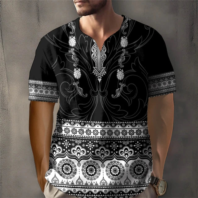 Trendy African Ethnic Loose Fit Short Sleeve V-Neck Designed Dashiki Daily Casual Top