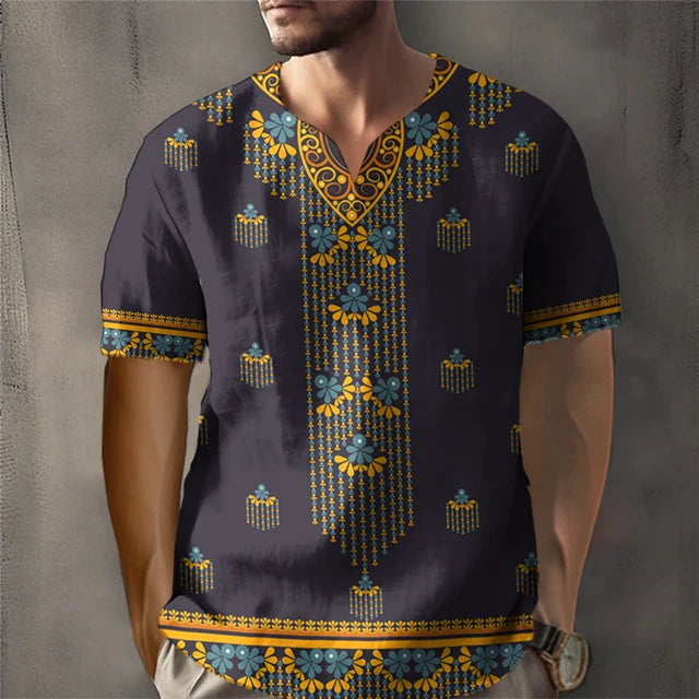 Trendy African Ethnic Loose Fit Short Sleeve V-Neck Designed Dashiki Daily Casual Top