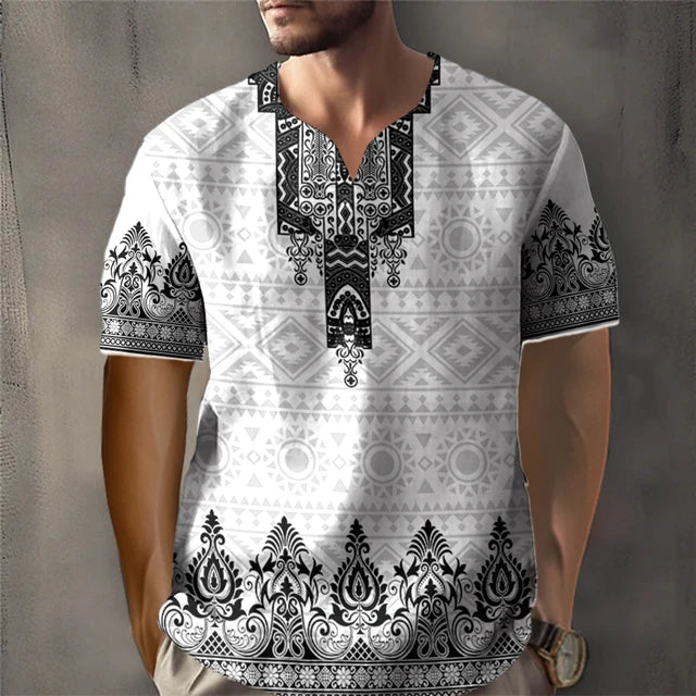 Trendy African Ethnic Loose Fit Short Sleeve V-Neck Designed Dashiki Daily Casual Top