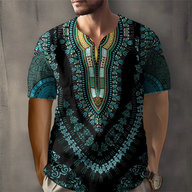 Trendy African Ethnic Loose Fit Short Sleeve V-Neck Designed Dashiki Daily Casual Top