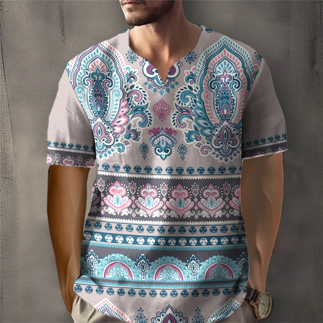 Trendy African Ethnic Loose Fit Short Sleeve V-Neck Designed Dashiki Daily Casual Top