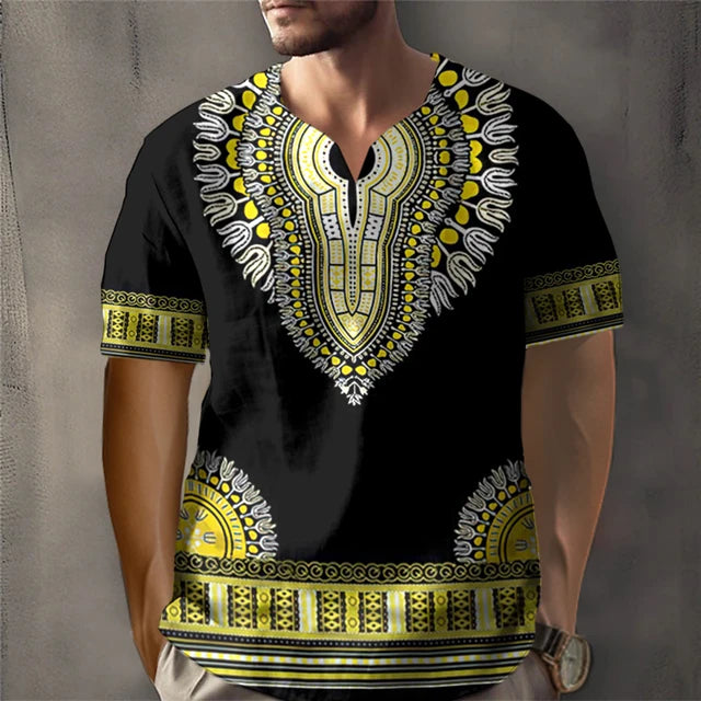 Trendy African Ethnic Loose Fit Short Sleeve V-Neck Designed Dashiki Daily Casual Top