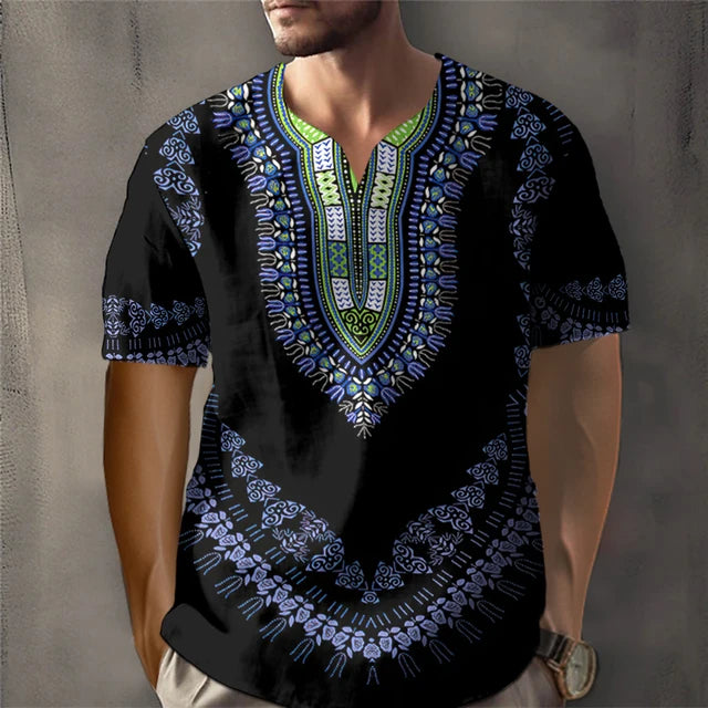 Trendy African Ethnic Loose Fit Short Sleeve V-Neck Designed Dashiki Daily Casual Top