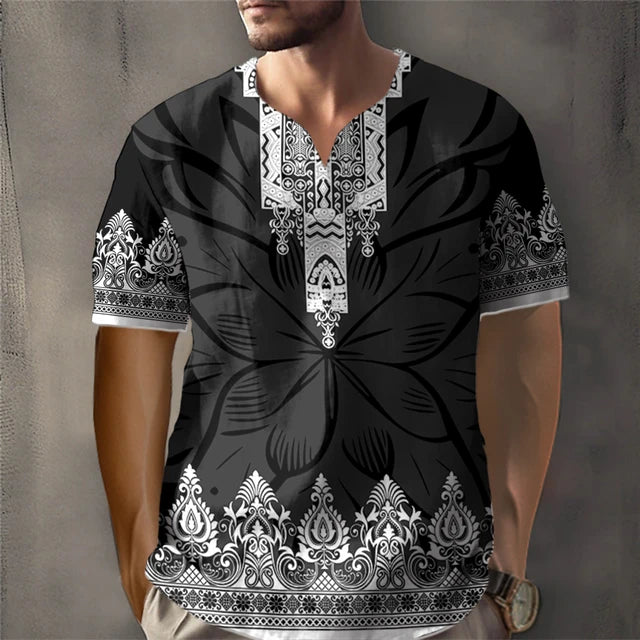 Trendy African Ethnic Loose Fit Short Sleeve V-Neck Designed Dashiki Daily Casual Top