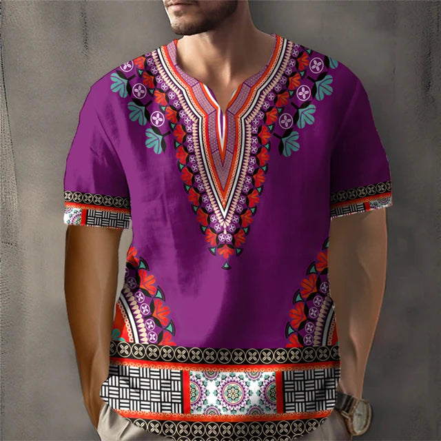 Trendy African Ethnic Loose Fit Short Sleeve V-Neck Designed Dashiki Daily Casual Top