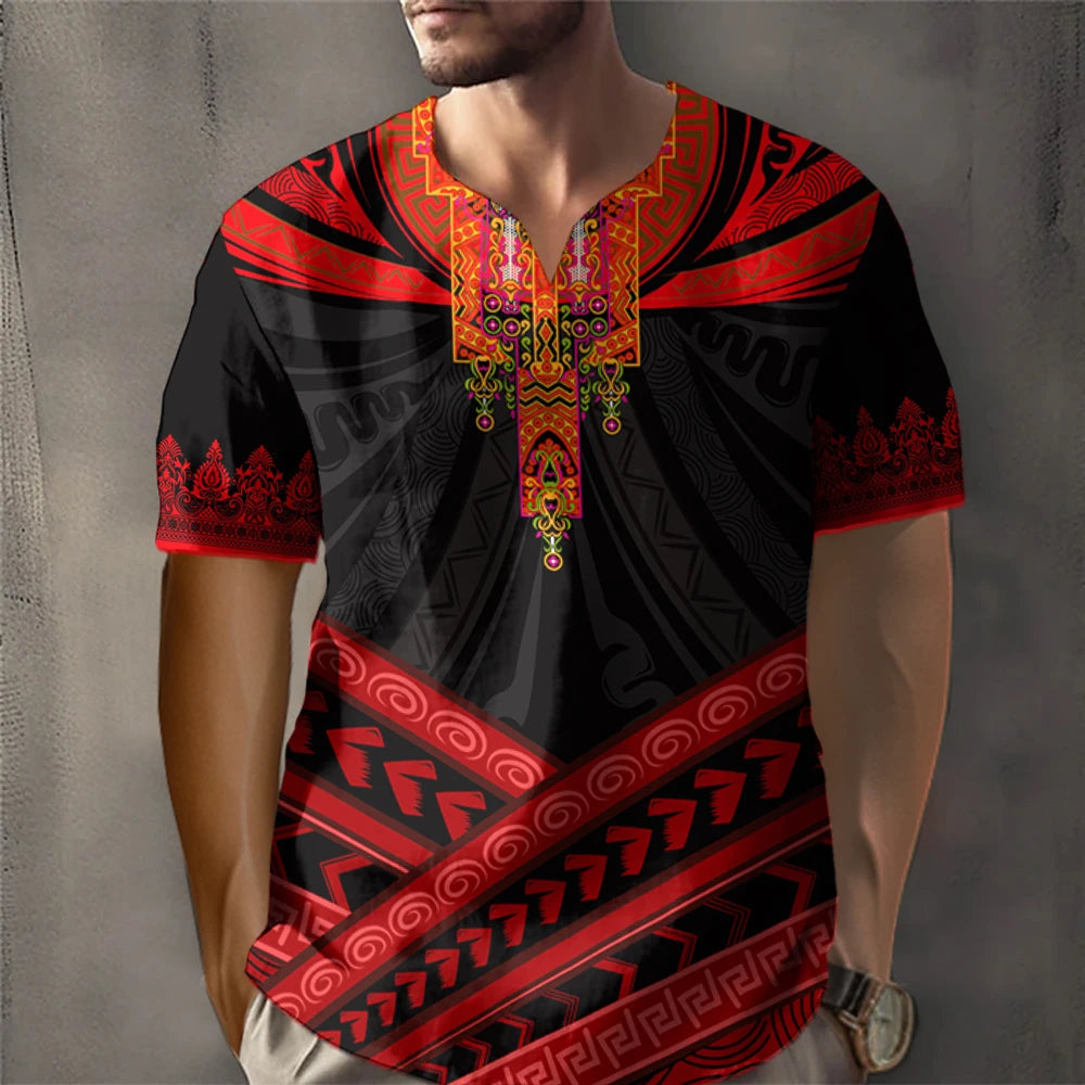 Trendy African Ethnic Loose Fit Short Sleeve V-Neck Designed Dashiki Daily Casual Top