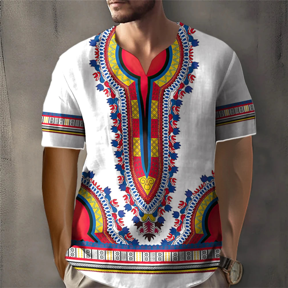 Trendy African Ethnic Loose Fit Short Sleeve V-Neck Designed Dashiki Daily Casual Top