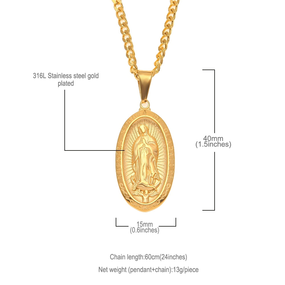 Catholic Religious Virgin Mary Necklace Pendant  Gold Color Cross Medallion Necklace - Bekro's ART