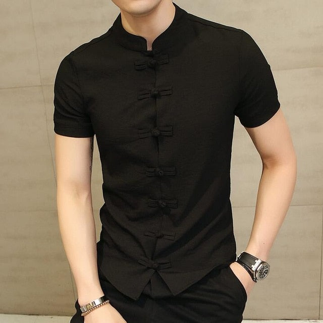 Men Shirt Fashion Chinese style Linen Slim Fit Casual Short Sleeves Shirt Camisa Social Business Dress Shirts - Bekro's ART