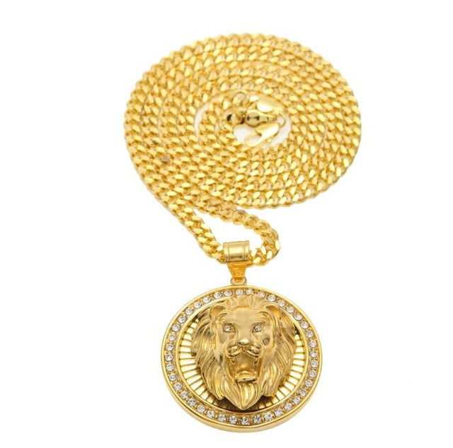 Mens Hip Hop Jewelry Iced Out Gold Color Fashion Bling Bling Lion Head Pendant Men Necklace Gold Color For Gift/present - Bekro's ART