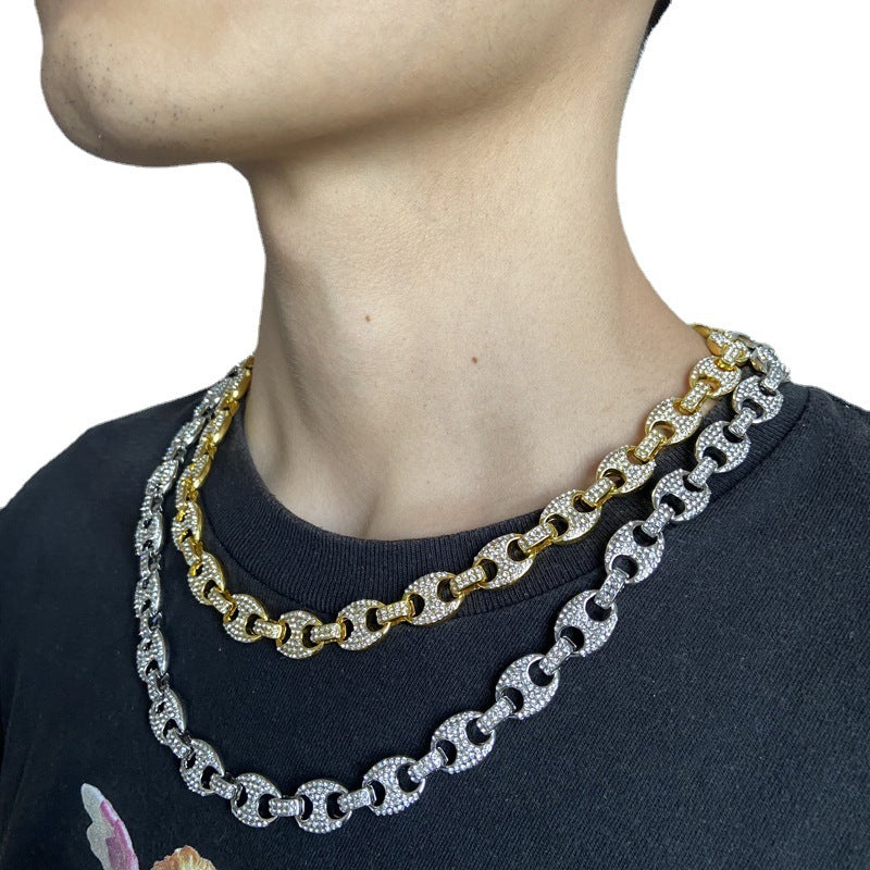 Large Pig Nose 12mm Hip Hop Cuban Link Chain Men Coffee Bean Clavicle Chain Men - Bekro's ART