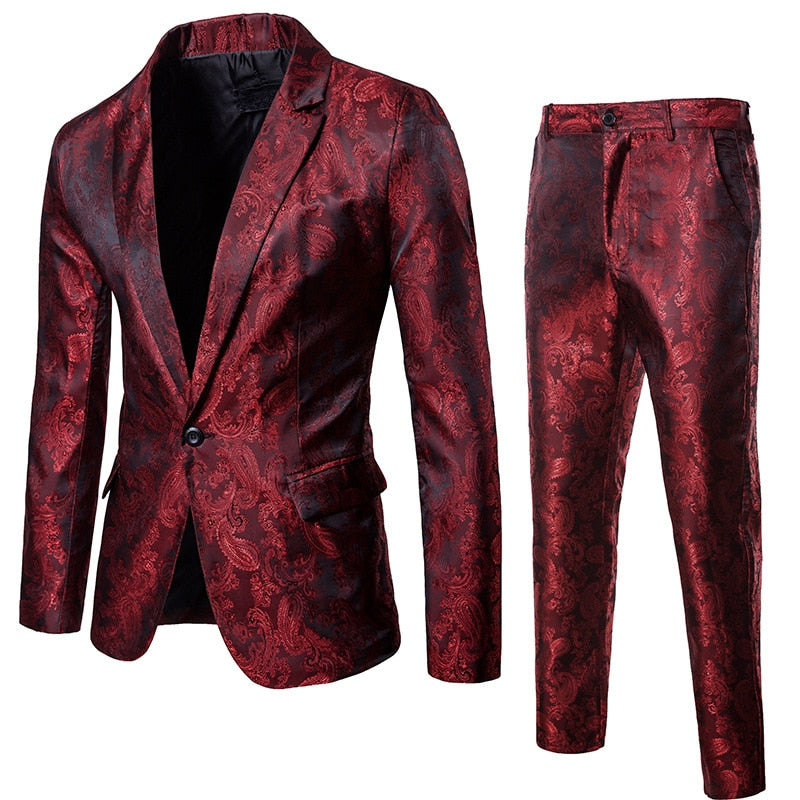 Wine Red Nightclub Paisley Suit (Jacket+Pants) Men Single Breasted Mens Suits Stage Party Wedding Tuxedo Blazer - Bekro's ART