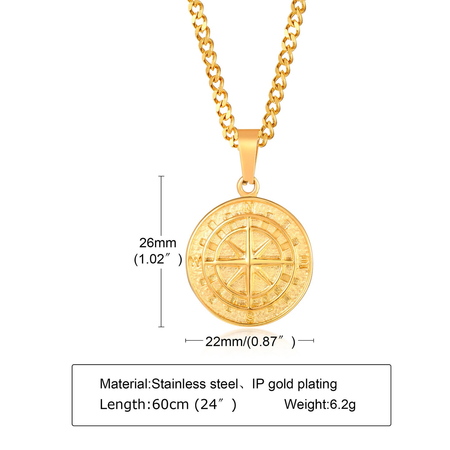 Compass Pendant Gold Coin Compass Men's Hip Hop Necklace Jewelry - Bekro's ART