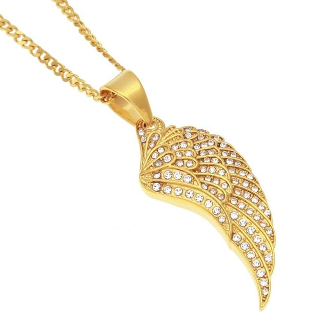 Feather Wing Pendant Necklace High Quality  Hiphop Gold Color Iced Out Rhinestones Chain - Bekro's ART