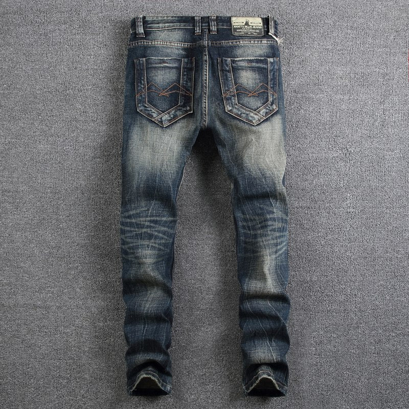 Retro Design Fashion Mens Jeans High Quality Nostalgia Wash Slim Fit Denim Ripped Jeans For Men Brand Streetwear Biker Jeans - Bekro's ART
