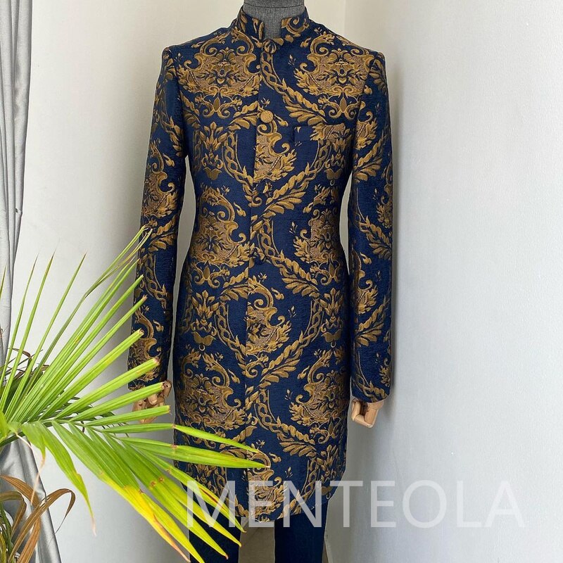 Floral Jacquard Long Men Suits Coat with Navy Blue Pants 2023 2 Piece Stand Collar Wedding Tuxedo for Groom Indian Male Fashion - Bekro's ART