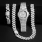 Hip Hop Miami Curb Cuban Chain Iced Out Paved Rhinestones Bling Rapper Necklace Watch Bracelet Set - Bekro's ART