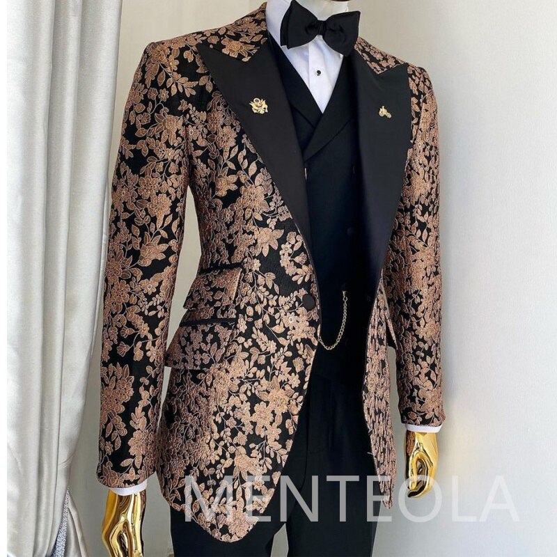 Floral Jacquard Casual Men Suits Slim Fit Peak Lapel Wedding Groom Tuxedo 3 Piece Fashion Blazer with Double Breasted Vest Pants - Bekro's ART