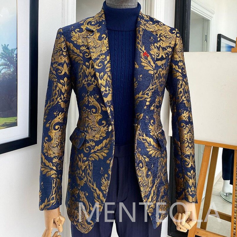 Navy Blue Floral Jacquard Men Suits Slim Fit Groom Tuxedo for Wedding Party 2 Piece Male Fashion Jacket with Pants 2023 - Bekro's ART