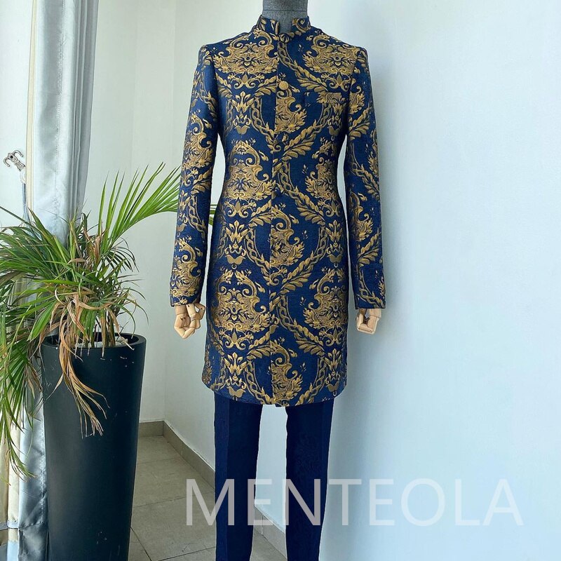 Floral Jacquard Long Men Suits Coat with Navy Blue Pants 2023 2 Piece Stand Collar Wedding Tuxedo for Groom Indian Male Fashion - Bekro's ART
