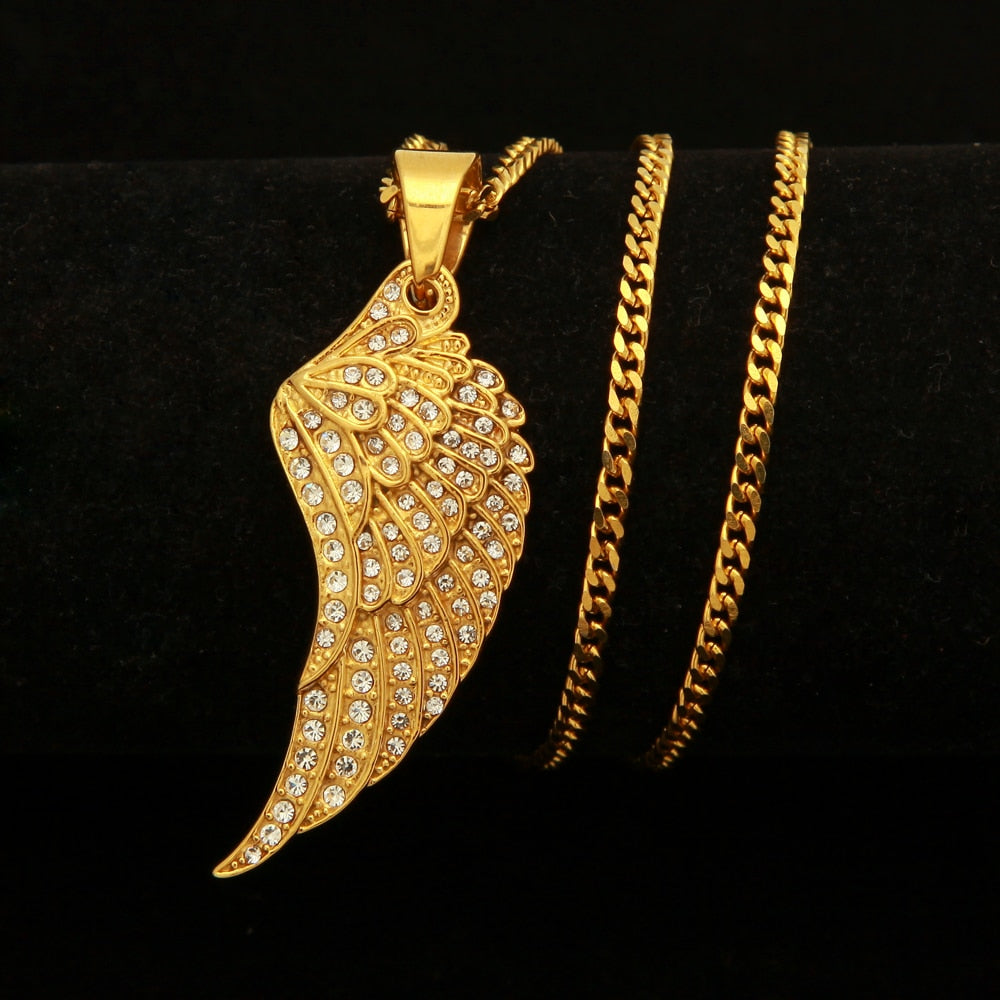Feather Wing Pendant Necklace High Quality  Hiphop Gold Color Iced Out Rhinestones Chain - Bekro's ART