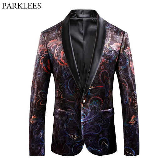Blazer Men Luxury Print Shawl Collar Suit Jacket Men Wedding Dinner Party Stage Singer Costumes - Bekro's ART