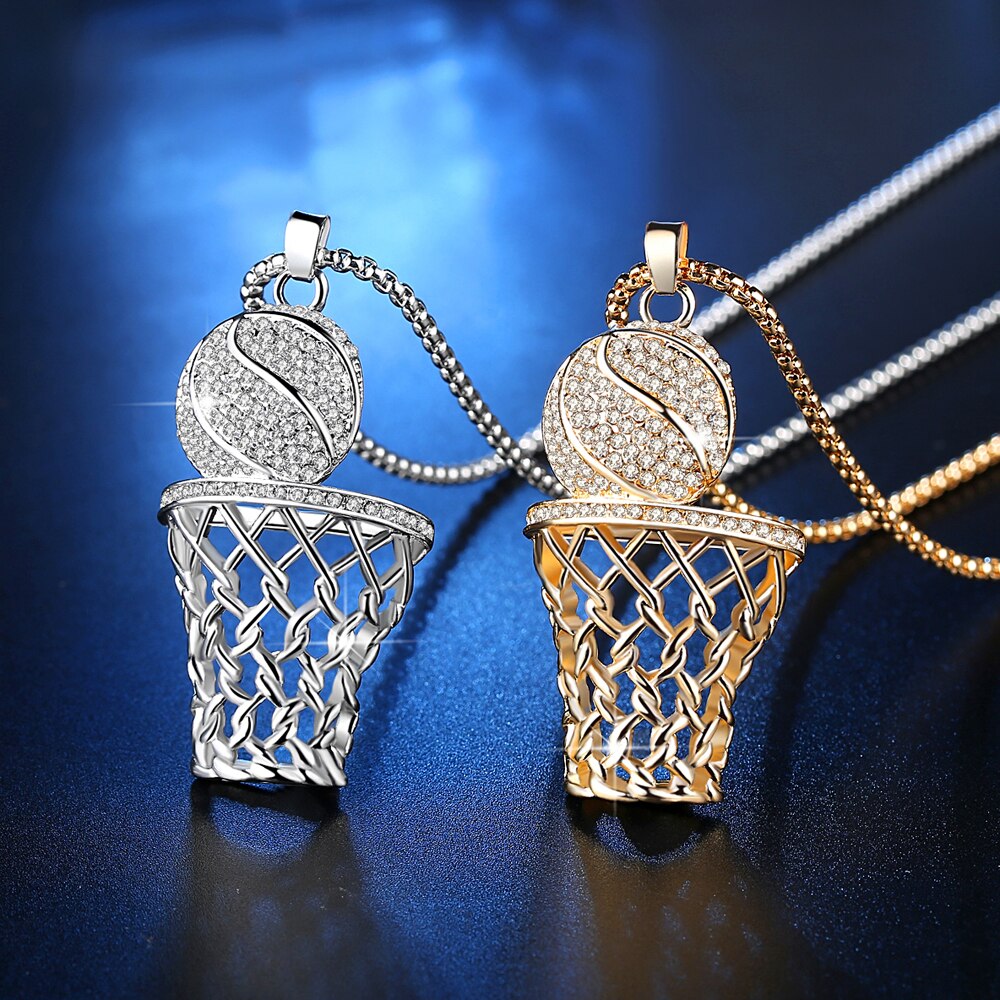 Men's Necklace Ice Gold Basketball And Hoop Necklace Gold Silver Steel Chain Pendant Long Chain Necklace Sport Cell Gift - Bekro's ART