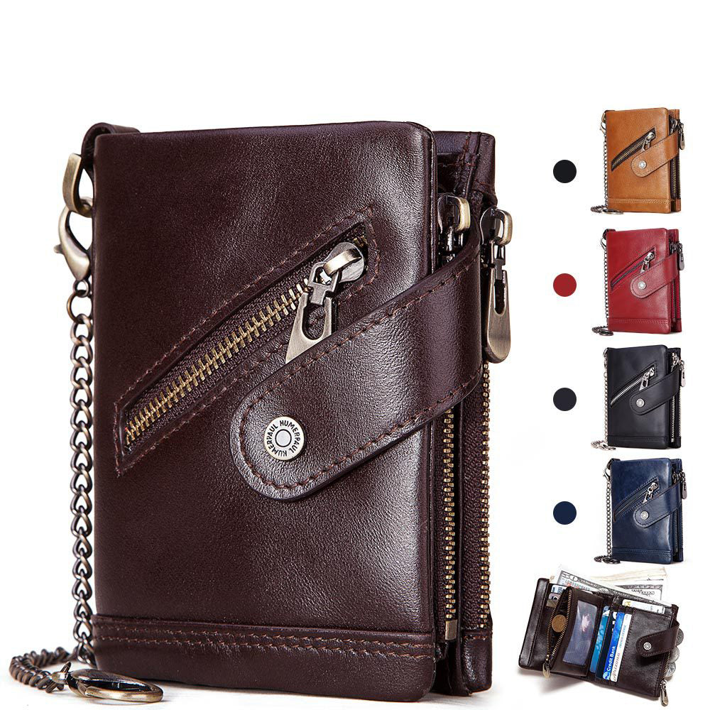 Leather RFID Wallet Independent Station Men's New Double Zipper Anti-Magnetic Anti-Theft Brush Tri-fold Coin Purse - Bekro's ART