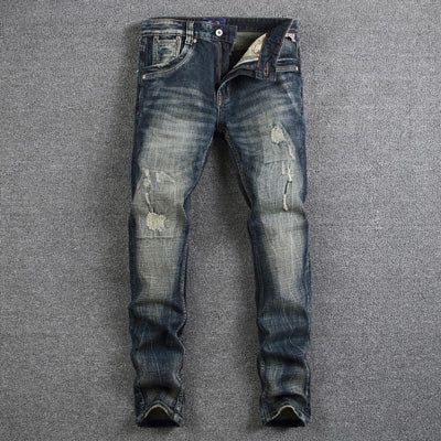 Retro Design Fashion Mens Jeans High Quality Nostalgia Wash Slim Fit Denim Ripped Jeans For Men Brand Streetwear Biker Jeans - Bekro's ART