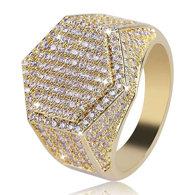 AZ Hexagon Gold Color Iced Out Ring Micro Paved Big Zircon Shiny Hip Hop Finger Ring for Men Jewelry Gift - Bekro's ART