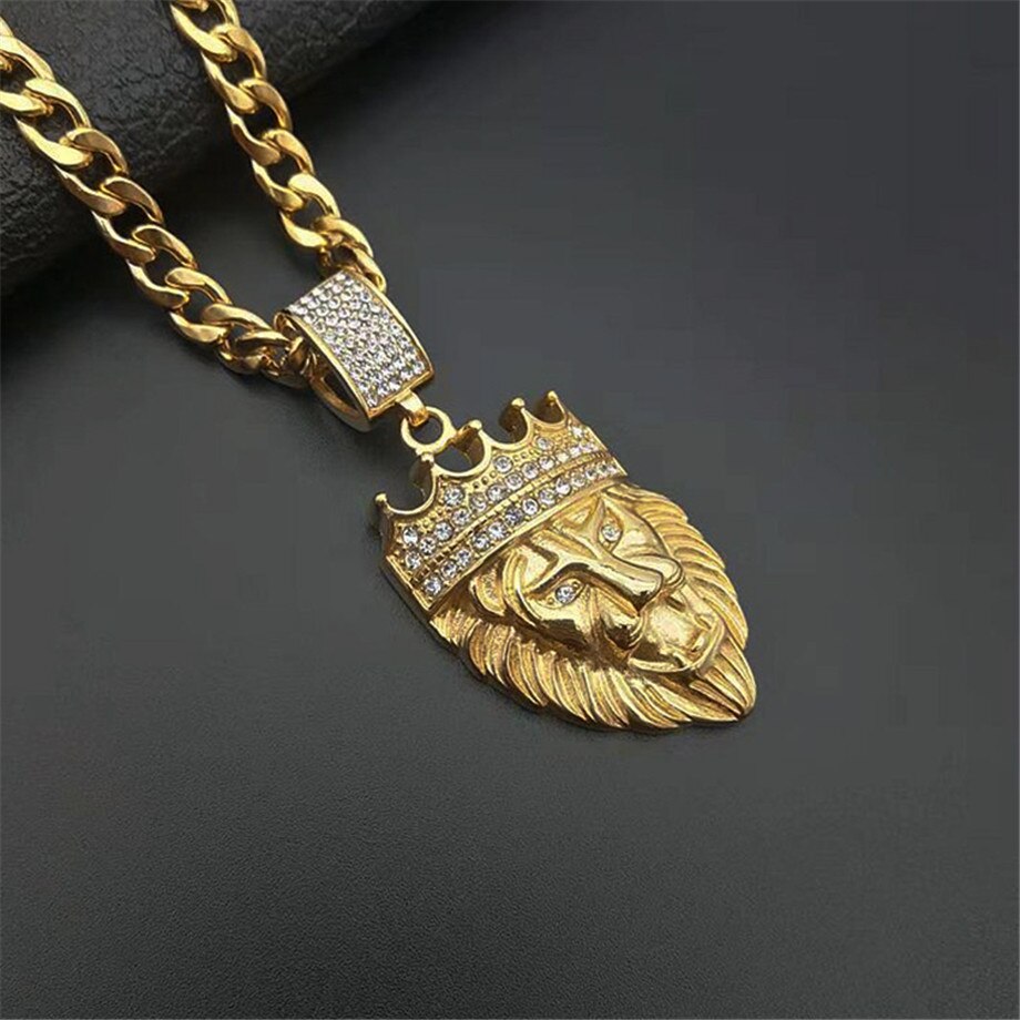Lion Chain Head Pendant Iced Out Bling Crown Gold Animal Lion Necklace for Men/Hip Hop Jewelry - Bekro's ART
